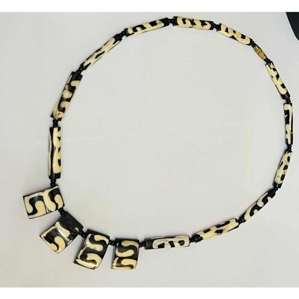 African Batik Bone Tribal Beads Statement Necklace - Picture 2 of 5